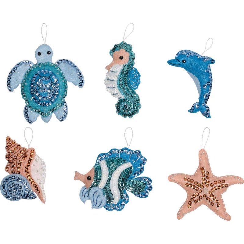 Bucilla Felt Applique Kit, 6 Piece Holiday Ornament Kit, Under The Sea - Image 2